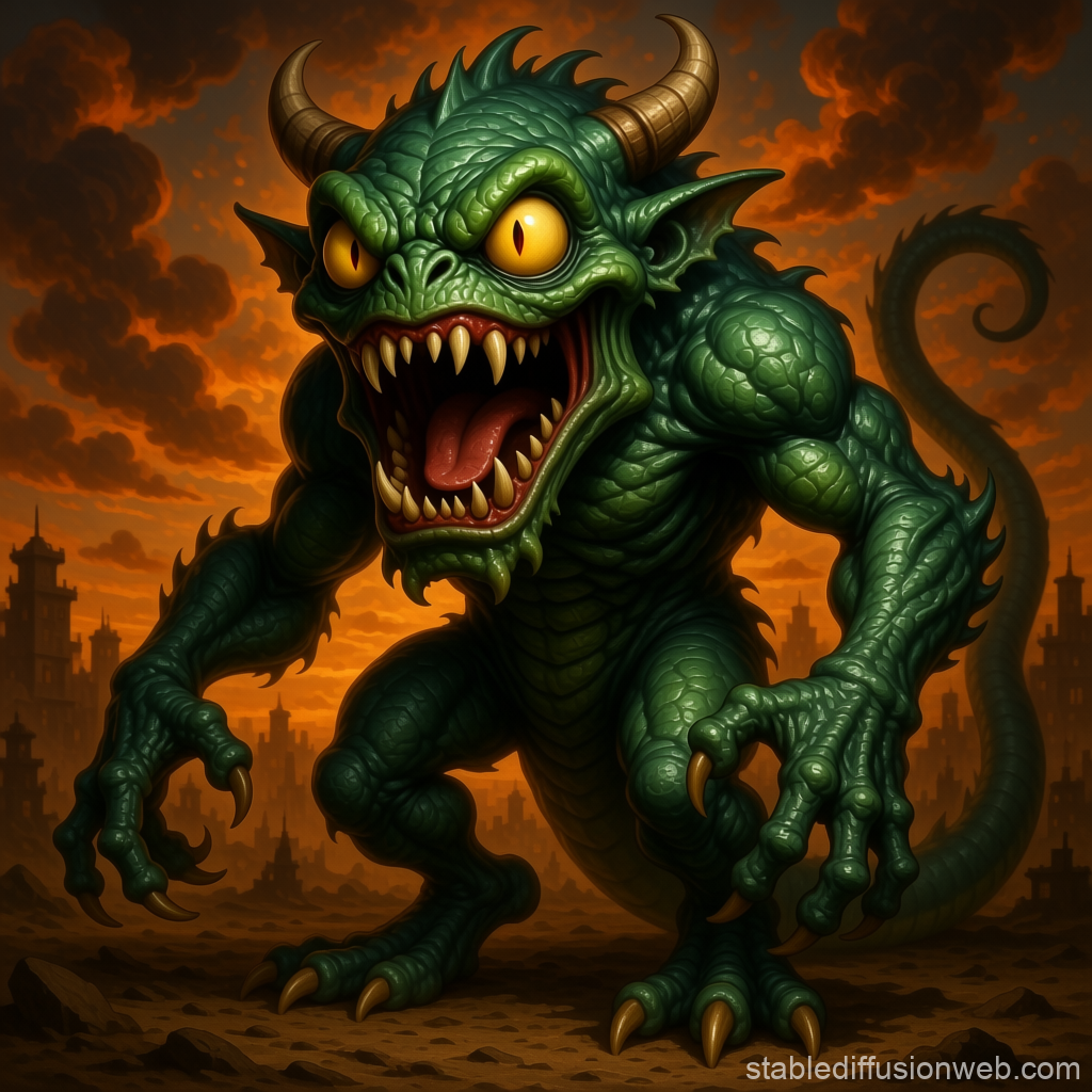 Ferocious Green Demon Monster in Apocalyptic Cityscape