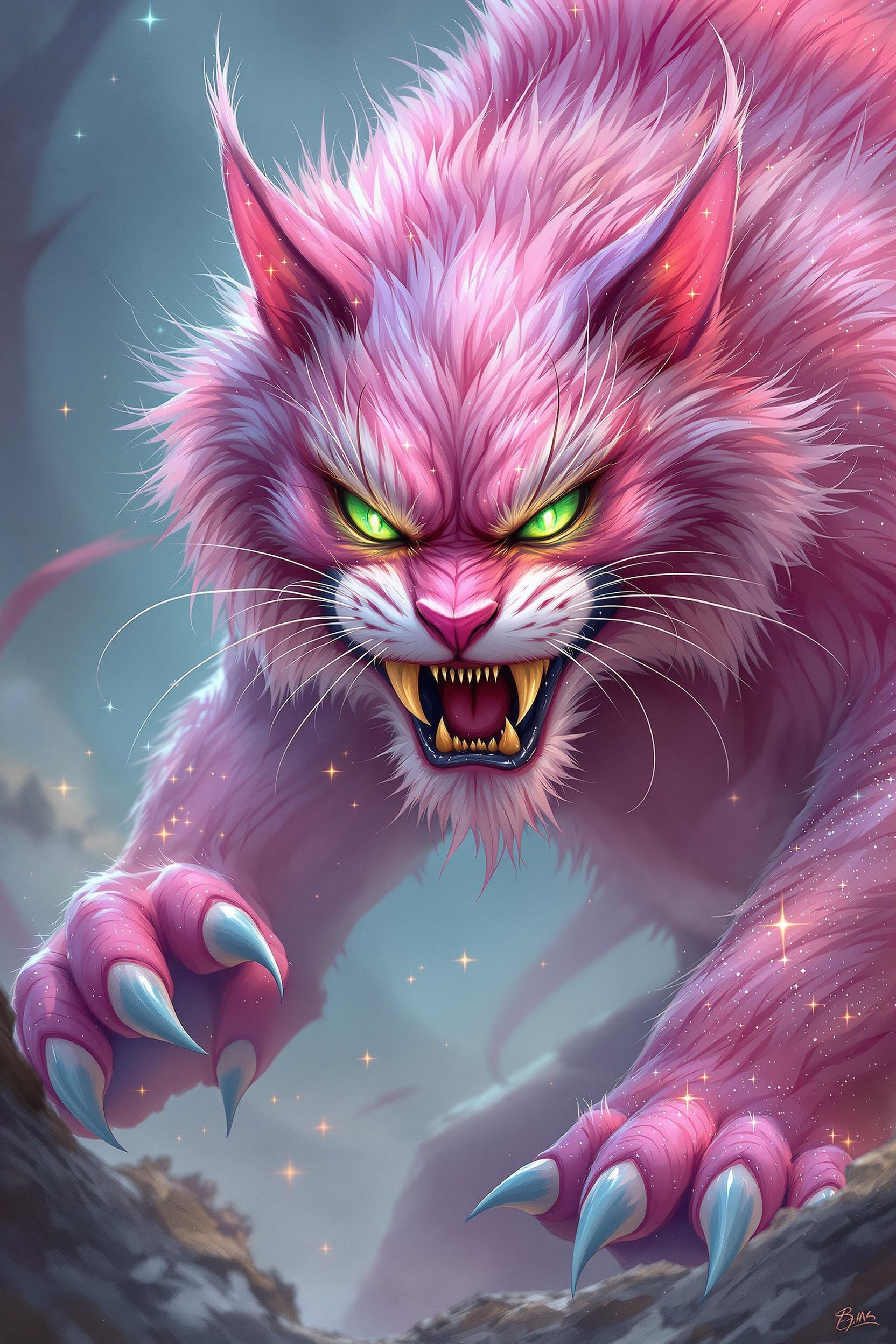 Ferocious Muscular Pink Cat with Glowing Green Eyes