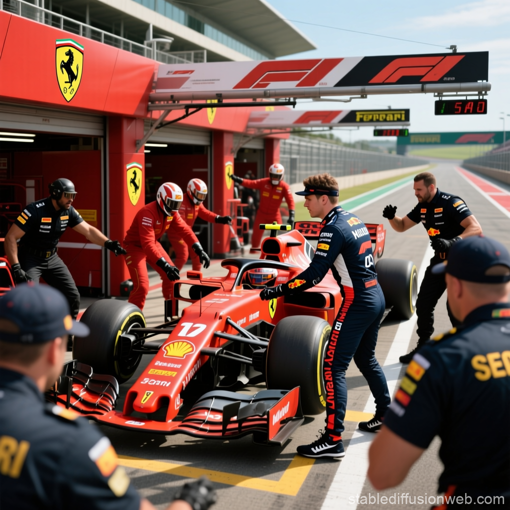 Ferrari Formula 1 Pit Stop with Red Bull Crew Assistance