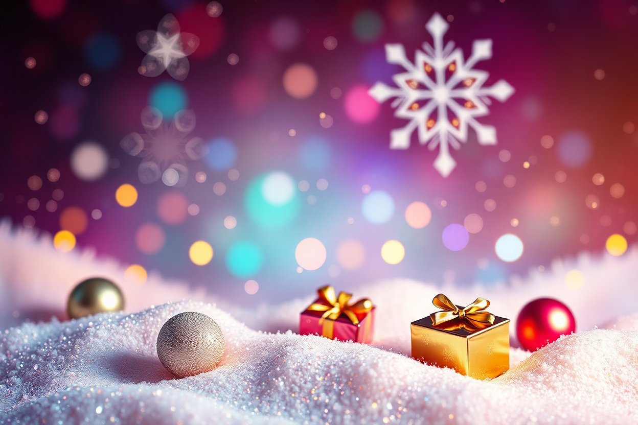 Festive Christmas Gifts and Ornaments in Snowy Setting