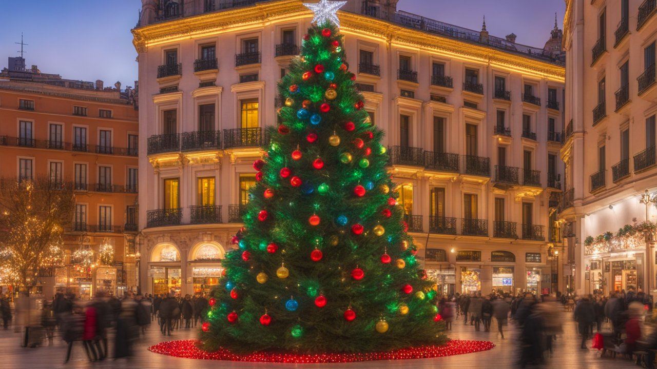 Festive Christmas Tree in a Bustling City Plaza at Dusk