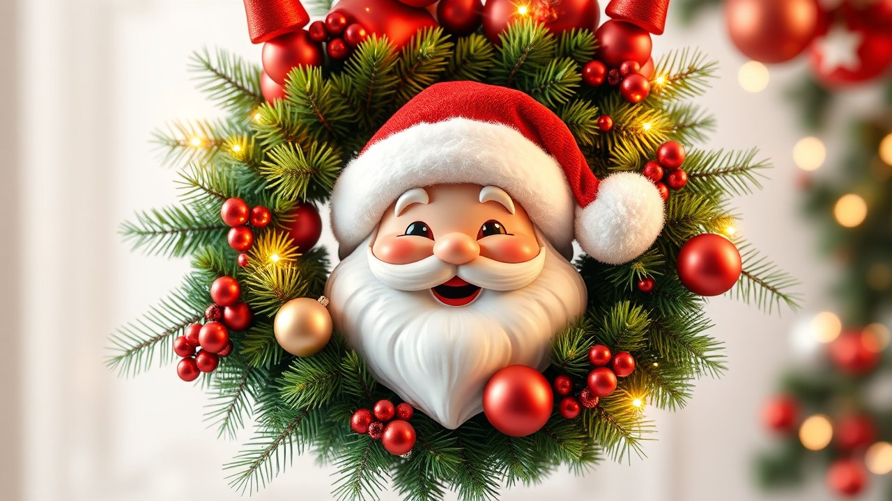 Festive Christmas Wreath with Cheerful Santa Face