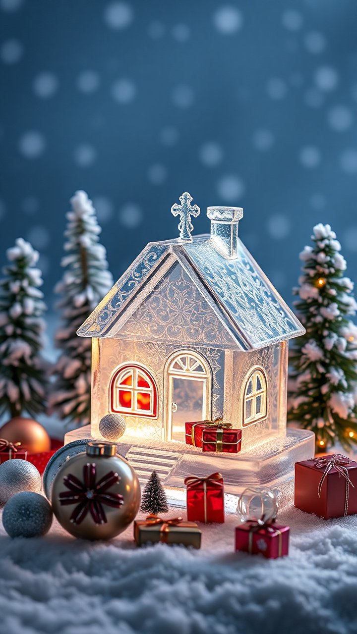 Festive Glass House with Christmas Decorations in Snow