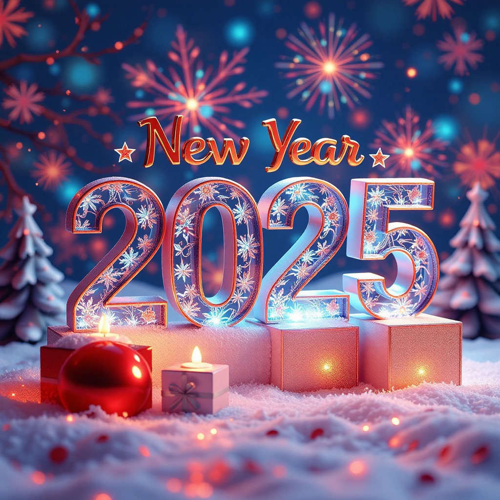 Festive New Year 2025 Celebration with Snow and Lights