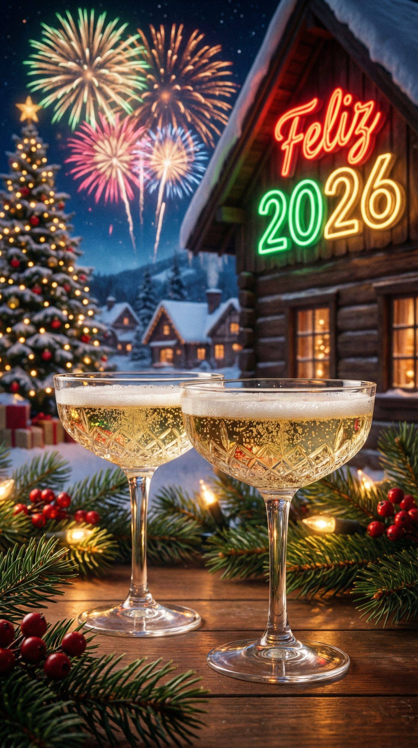Festive New Year 2026 Celebration with Champagne and Fireworks