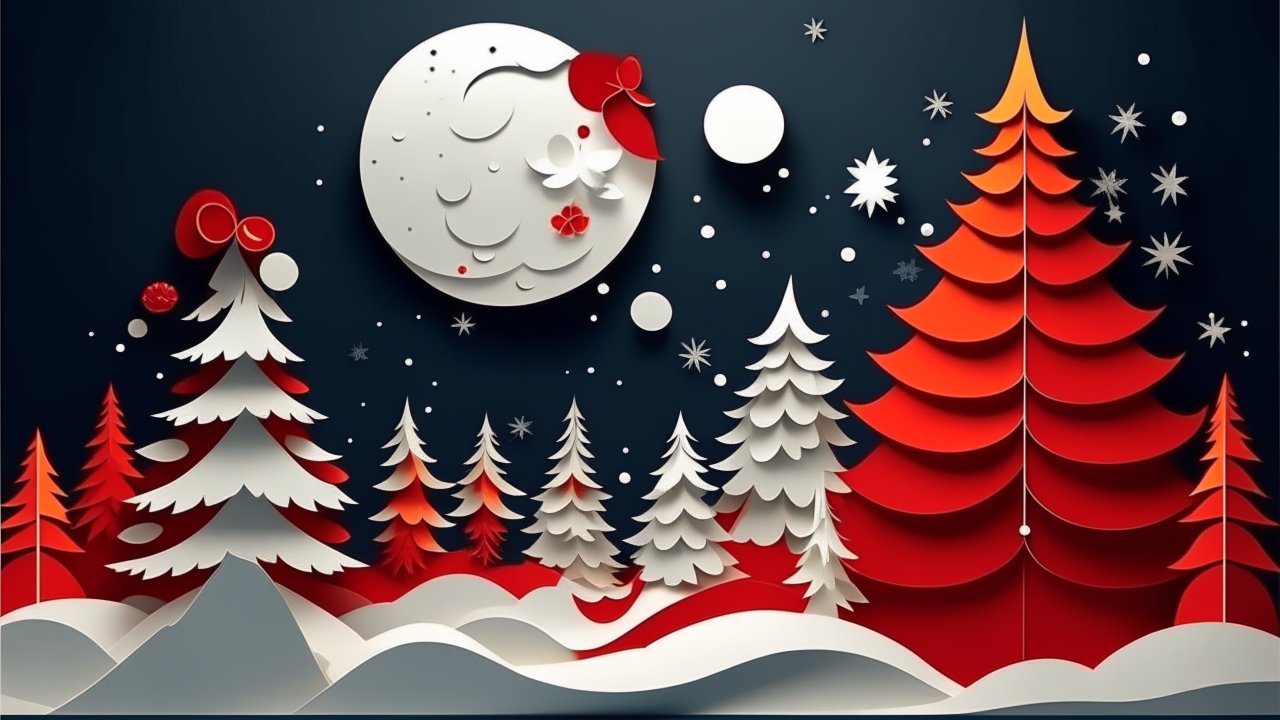 Festive Papercut Christmas Landscape with Moon and Trees