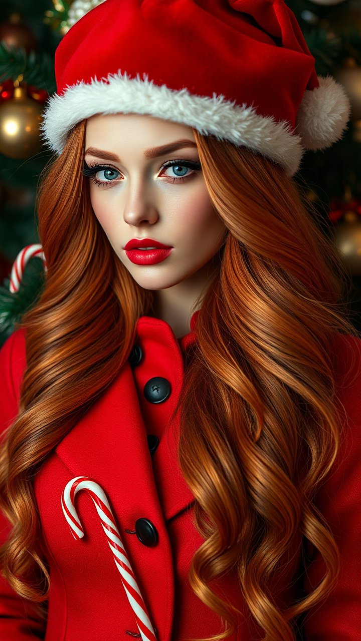 Festive Portrait of a Woman in Santa Hat with Candy Cane