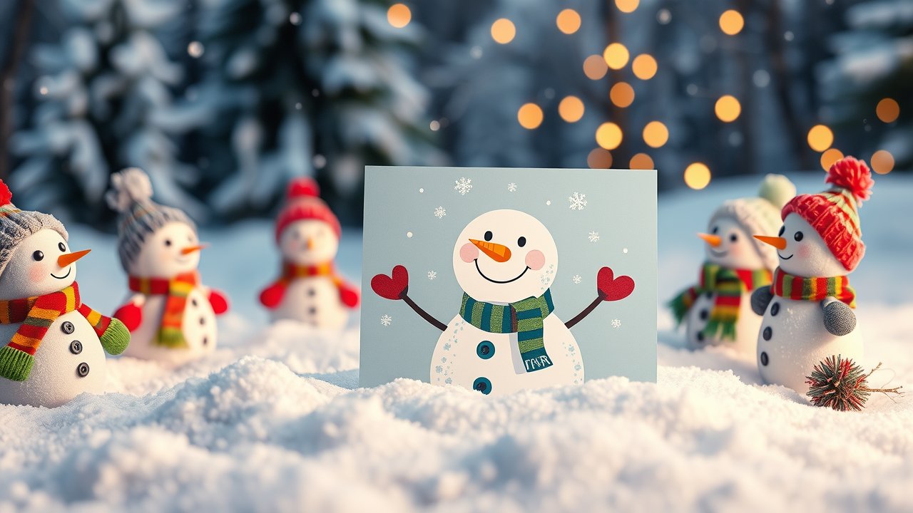 Festive Snowman Christmas Card with Plush Snowmen in Snow