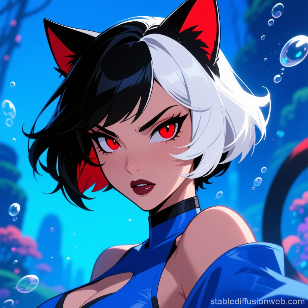 Fierce Anime Woman with Cat Ears and Red Eyes