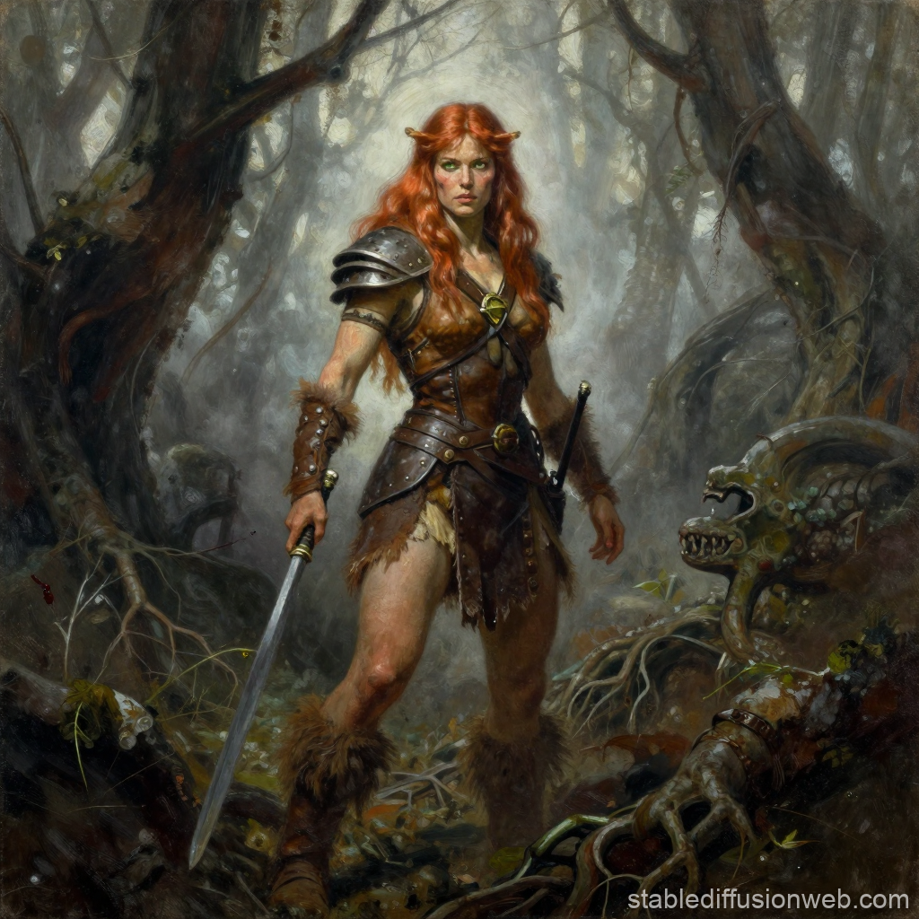 Fierce Barbarian Warrior in Misty Enchanted Forest