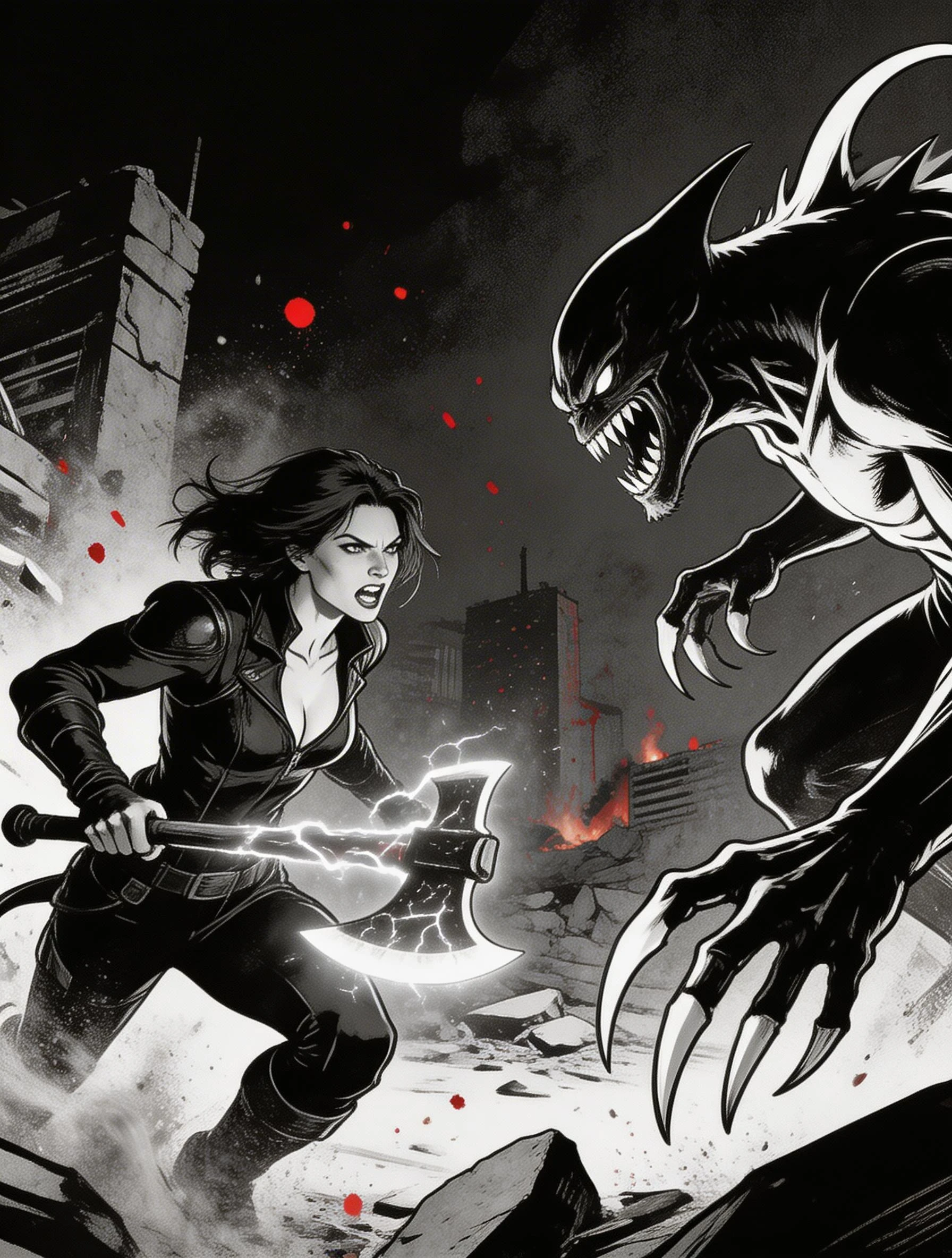 Fierce Battle Between Woman with Plasma Axe and Alien Creature