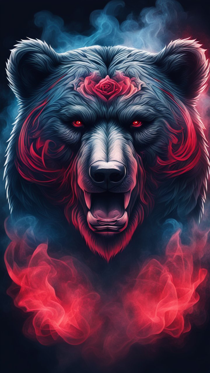 Fierce Bear with Red Rose and Mystical Smoke