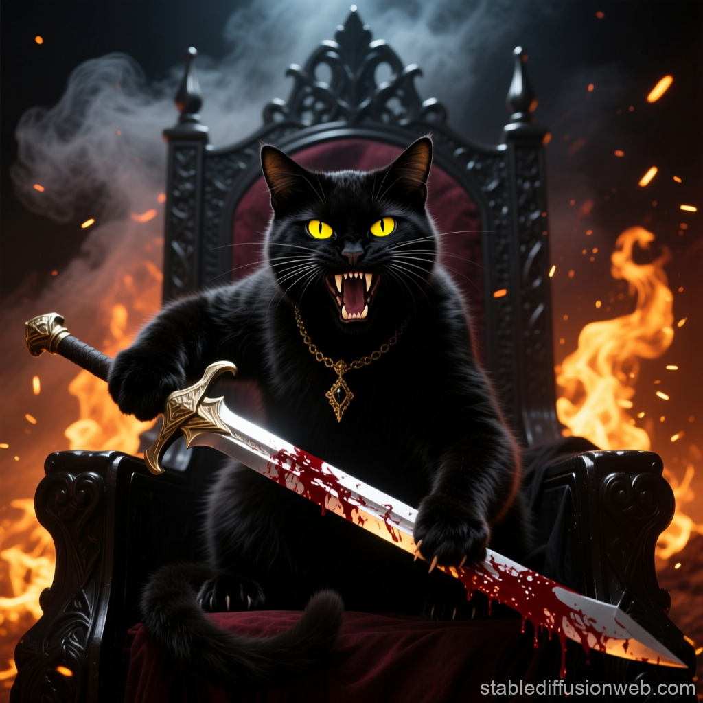 Fierce Black Cat Queen with Bloodied Sword on Throne