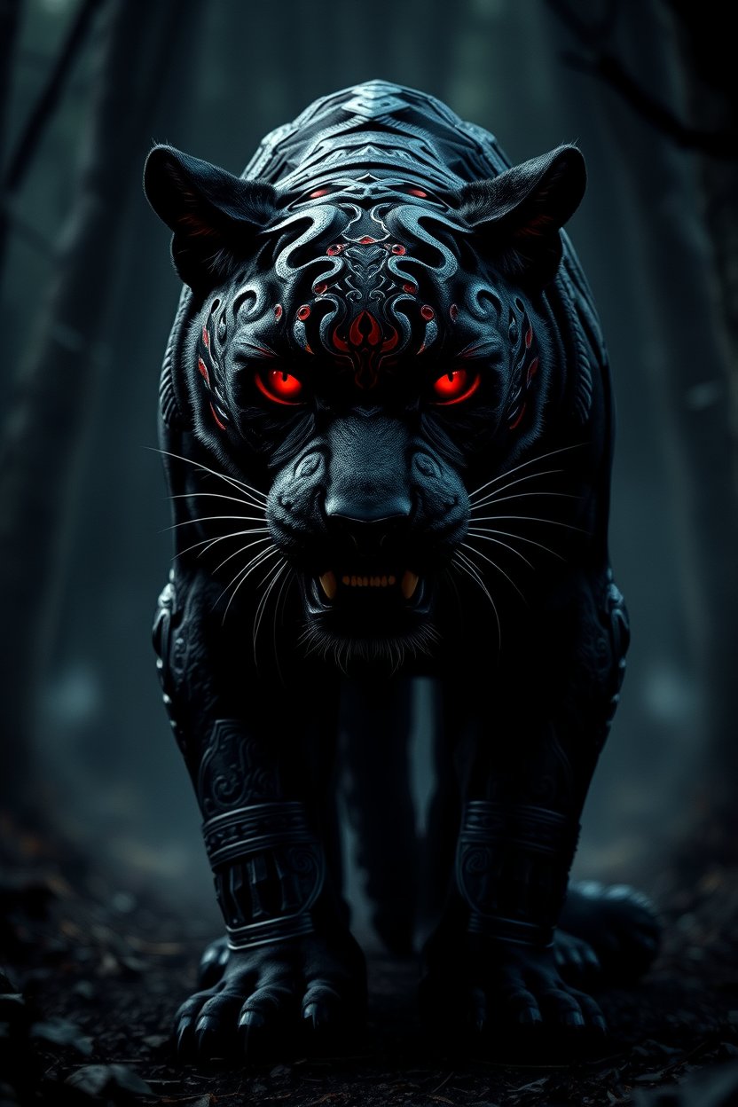 Fierce Black Jaguar with Glowing Red Eyes and Tribal Markings