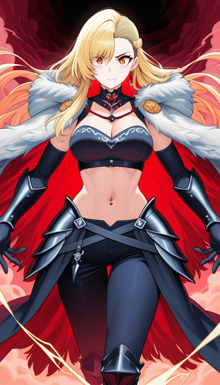 Fierce Blonde Warrior in Armor with Red Cape