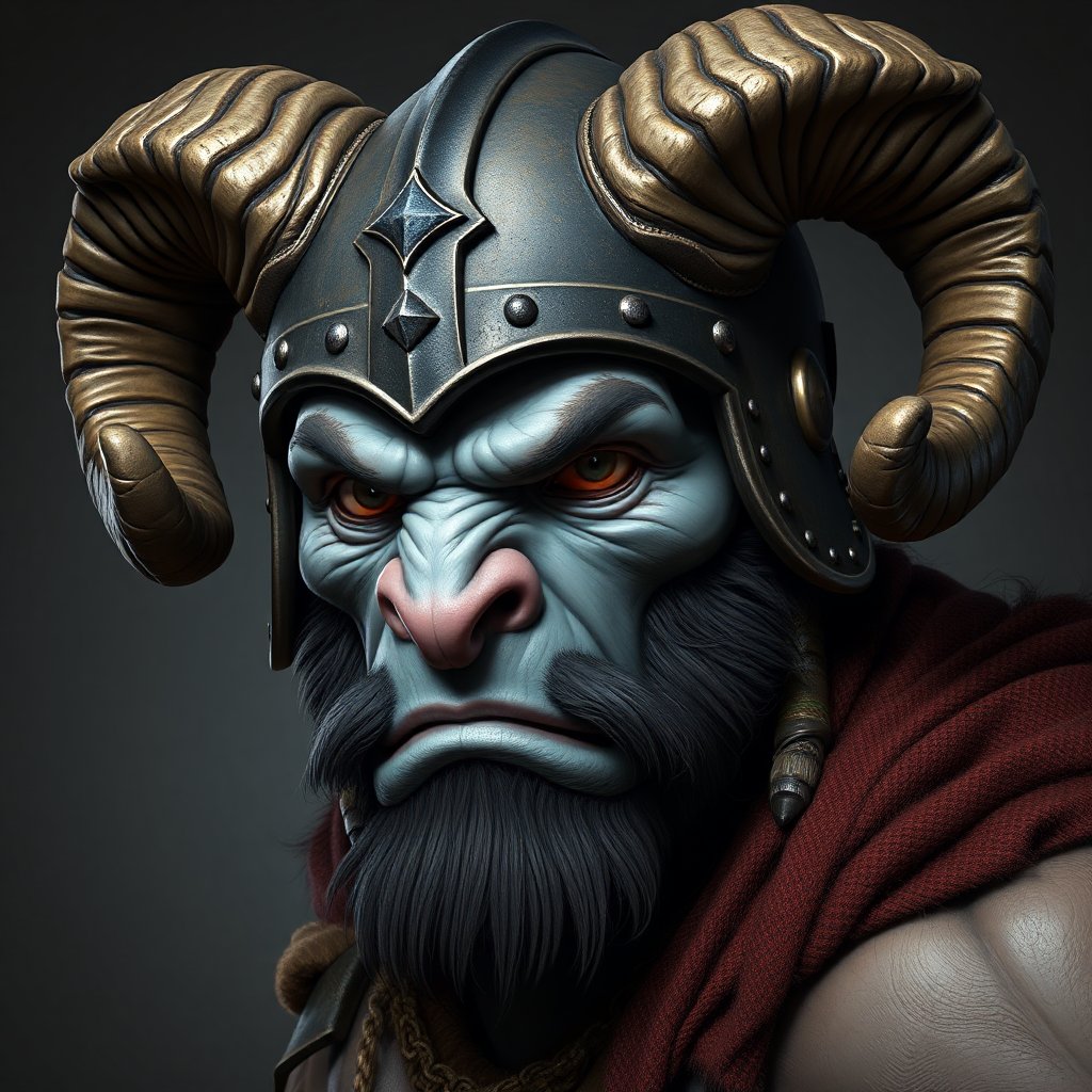 Fierce Blue-Skinned Warrior with Horned Helmet