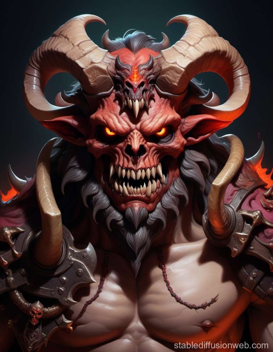 Fierce Demon Warrior with Glowing Eyes and Horned Skull Helmet