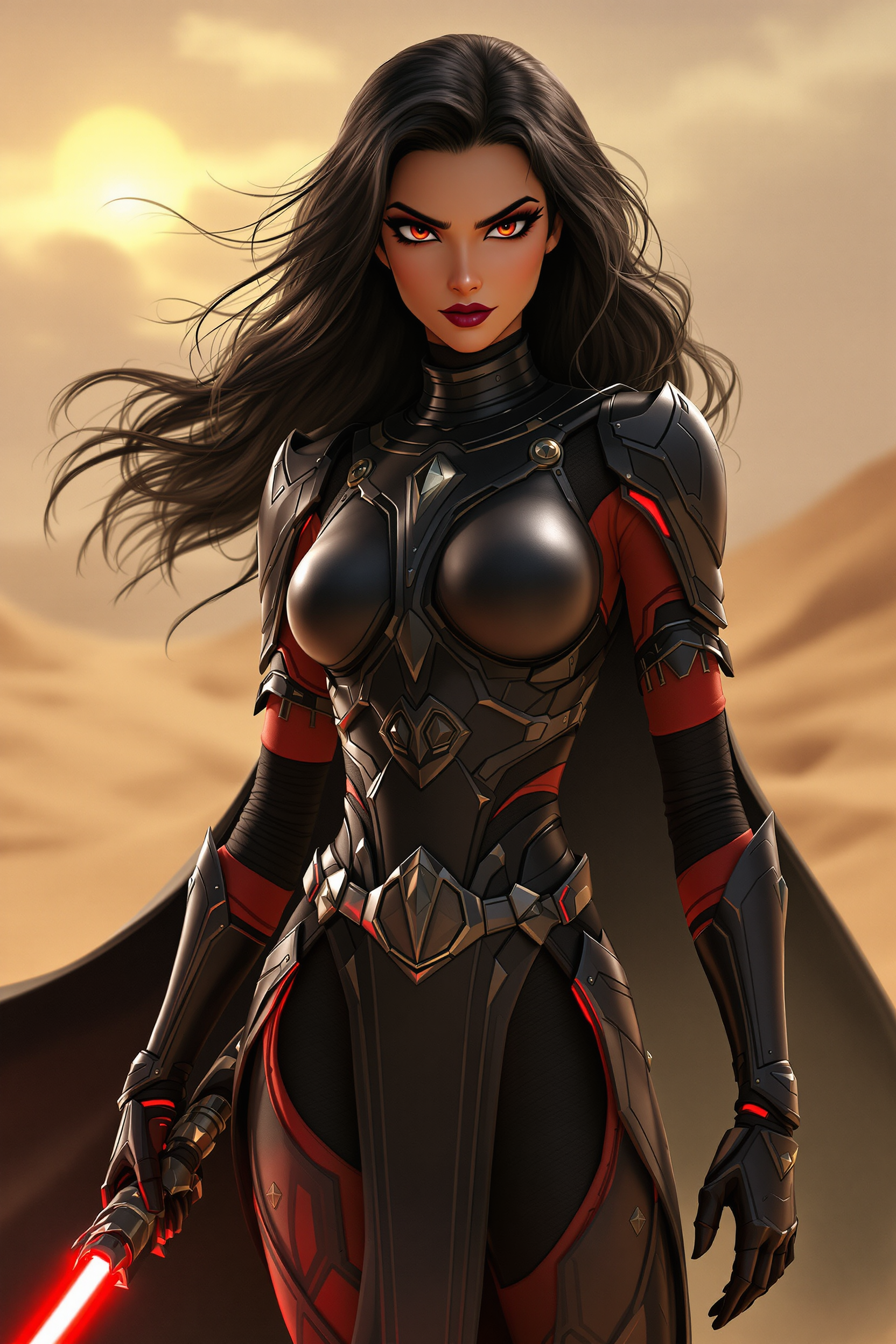 Fierce Female Warrior in Futuristic Armor with Red Lightsaber