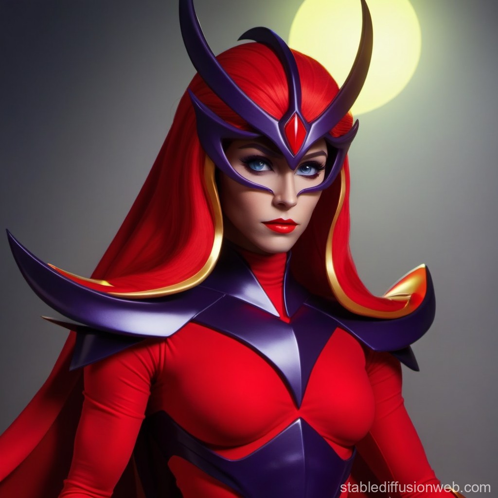 Fierce Female Warrior in Red and Purple Armor