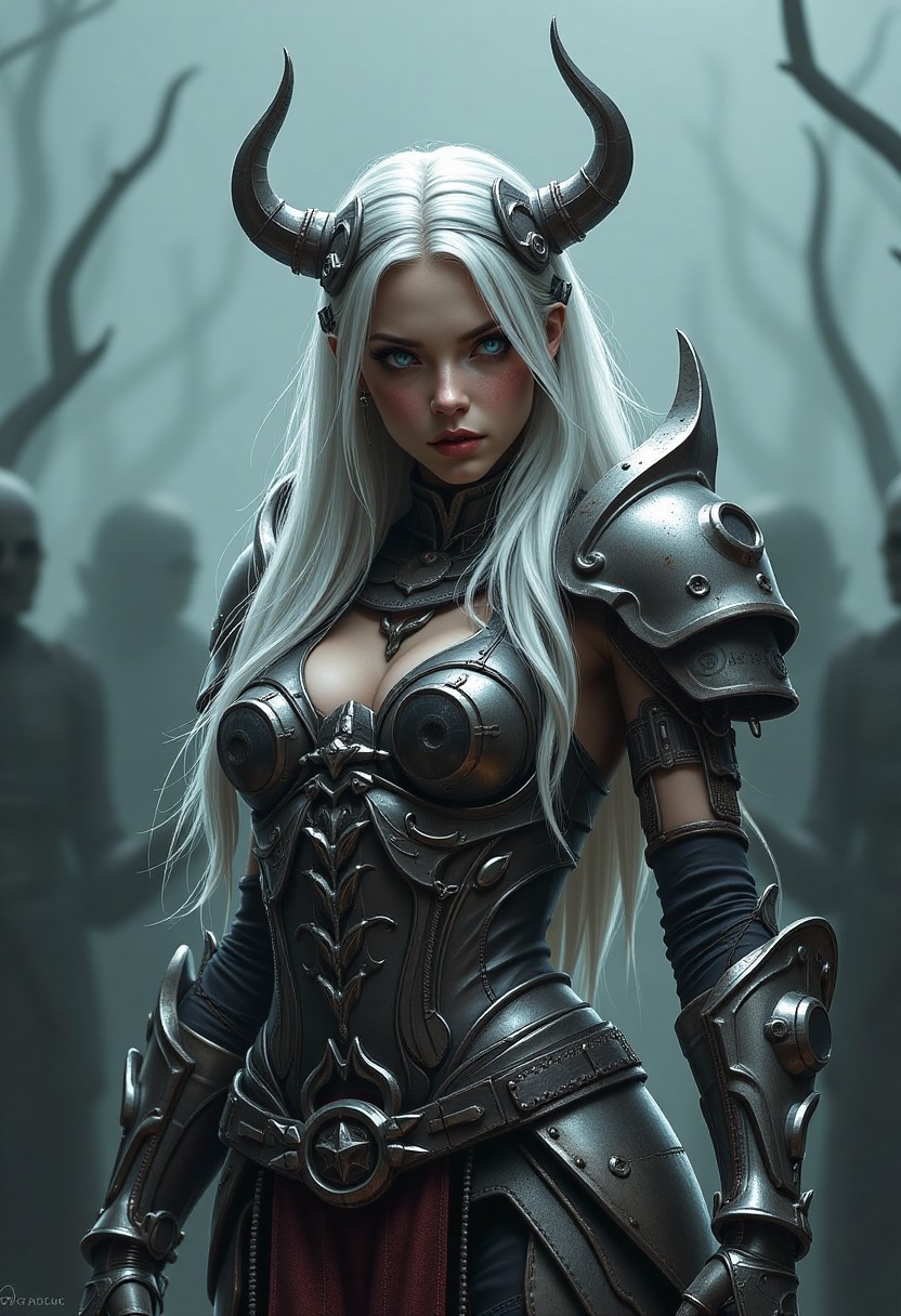 Fierce Female Warrior with Horned Helmet in Dark Armor