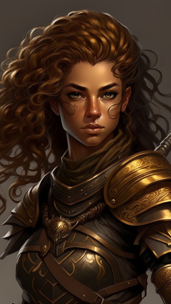 Fierce Female Warrior with Voluminous Mahogany Hair