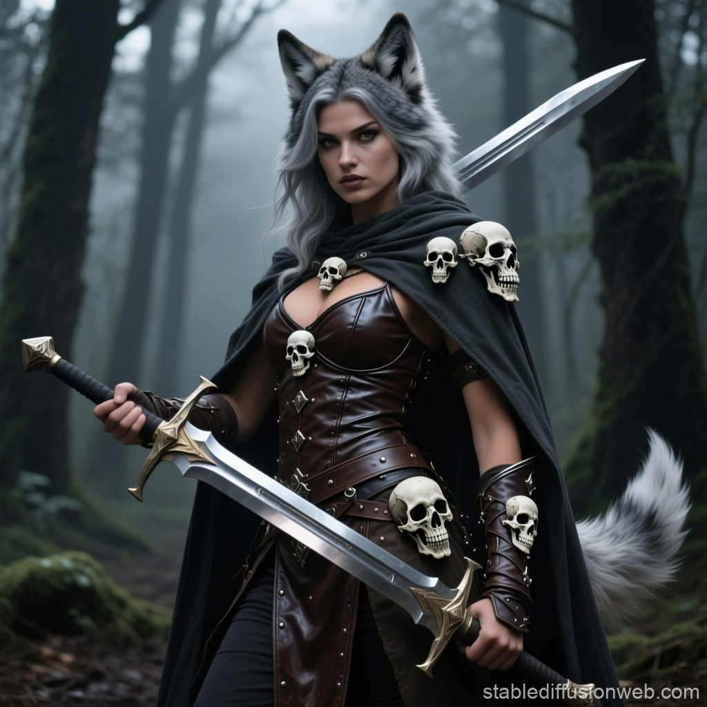 Fierce Female Warrior with Wolf Traits in Dark Forest