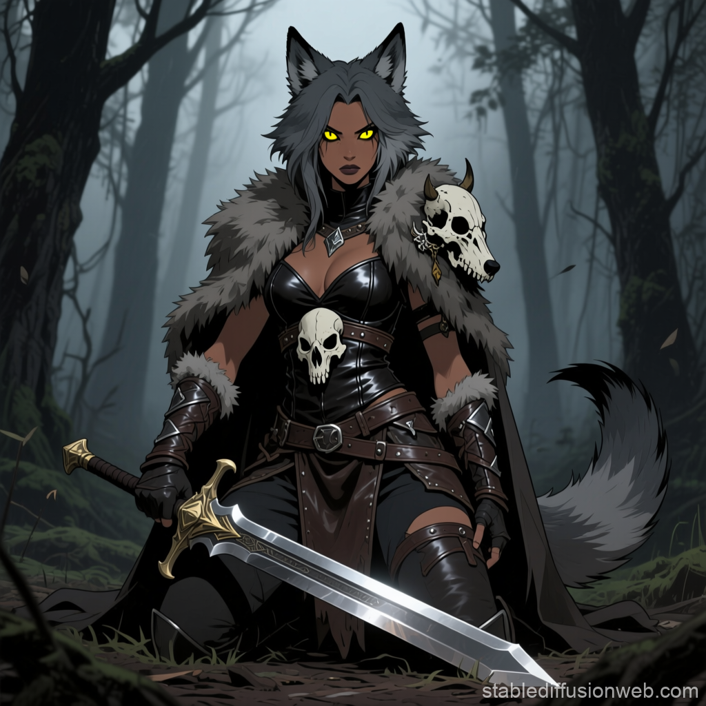 Fierce Female Wolf Warrior in Dark Forest