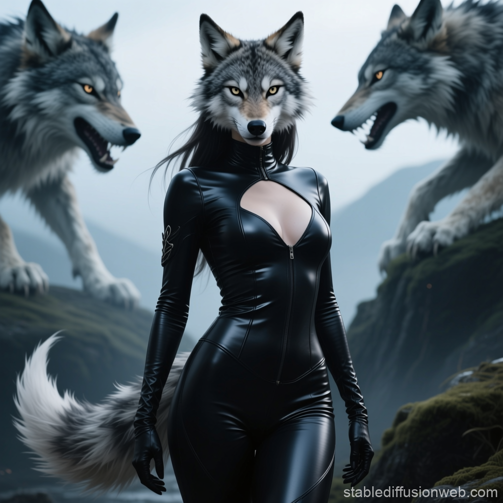 Fierce Fenrir Woman in Black Leather Suit with Wolves