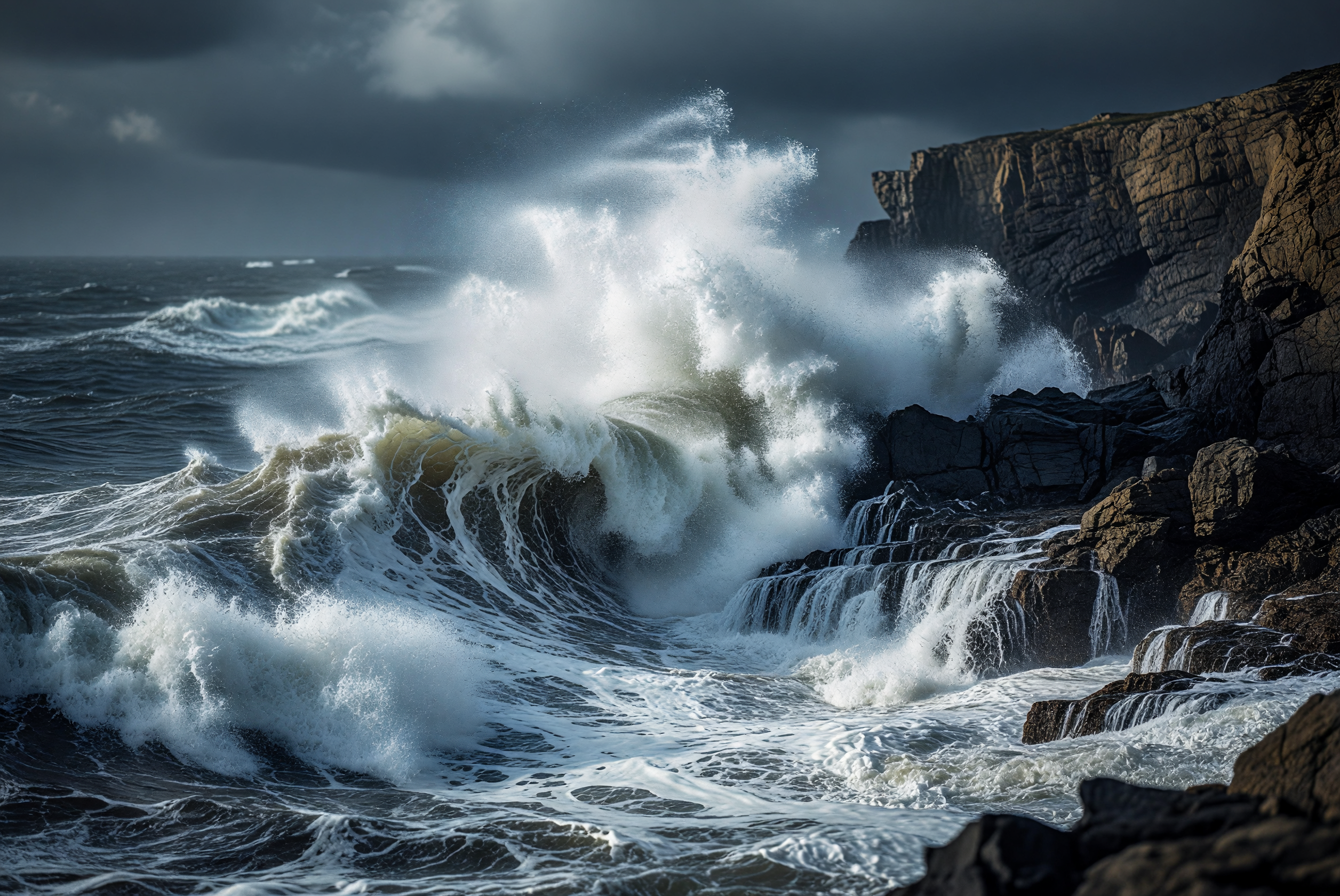 Fierce Ocean Waves Crashing Against Rocky Shore