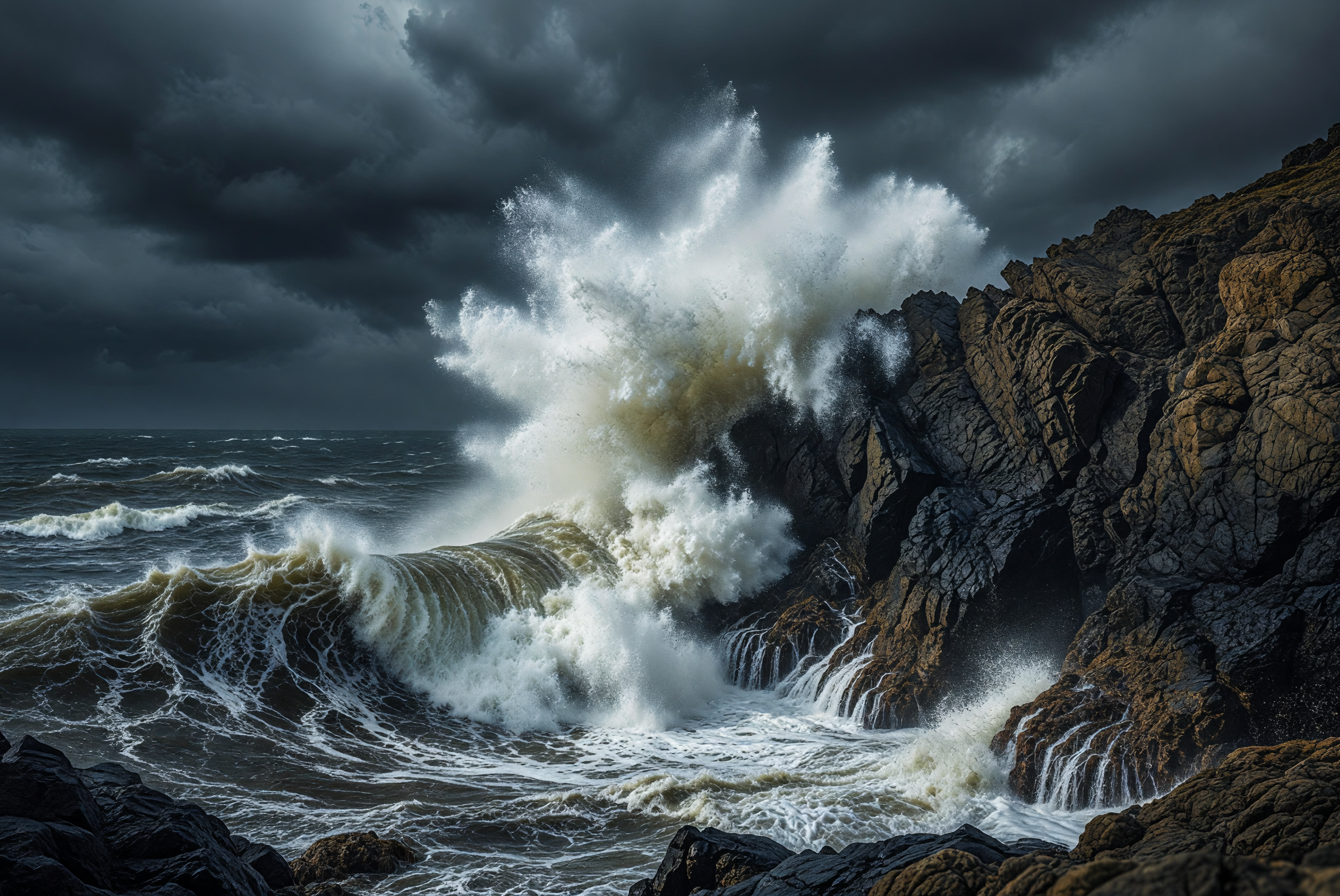 Fierce Ocean Waves Crashing Against Rocky Shore