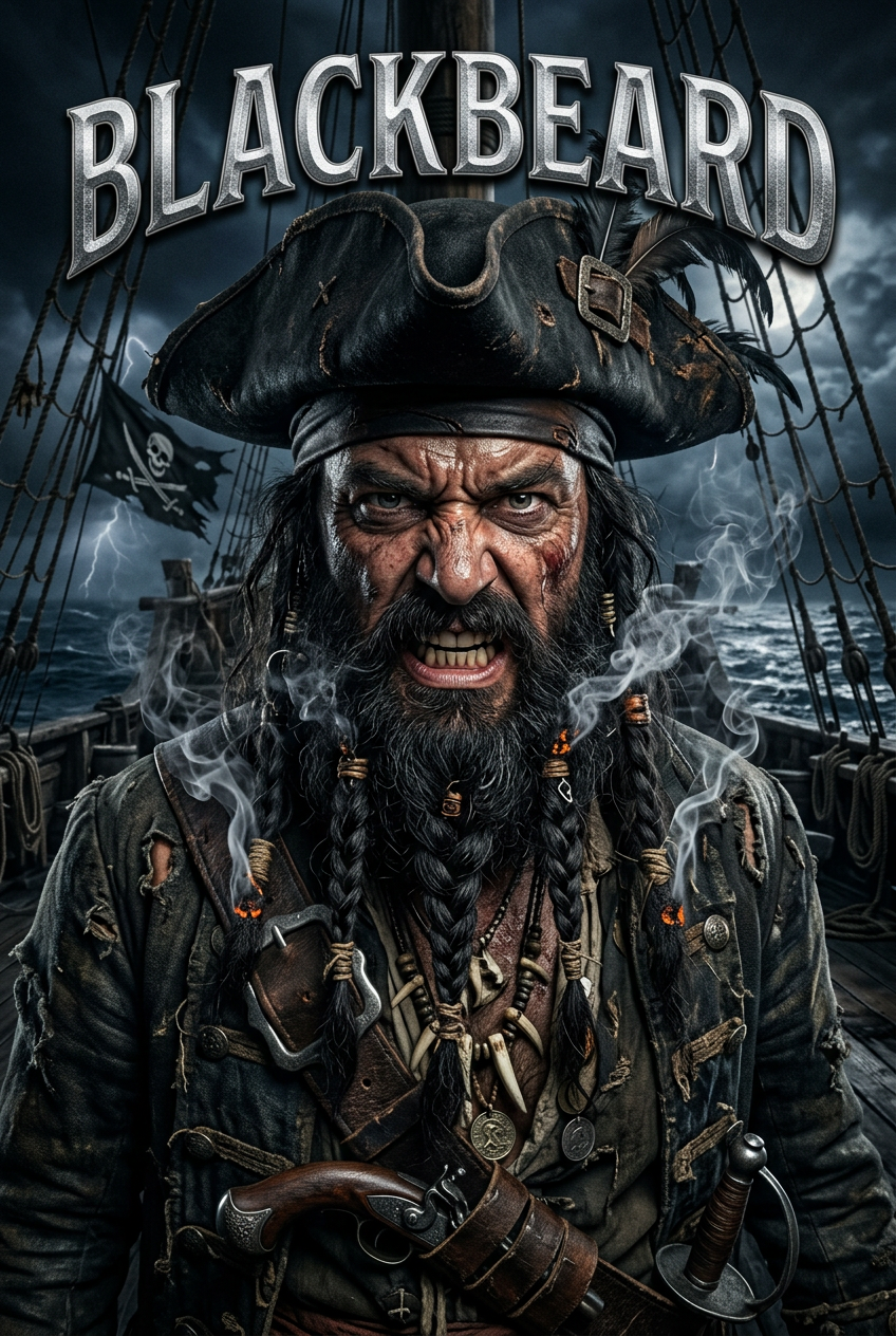 Fierce Pirate Blackbeard on Ship Deck