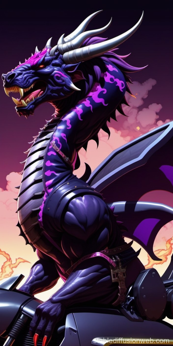 Fierce Purple Dragon with Armor on Motorcycle
