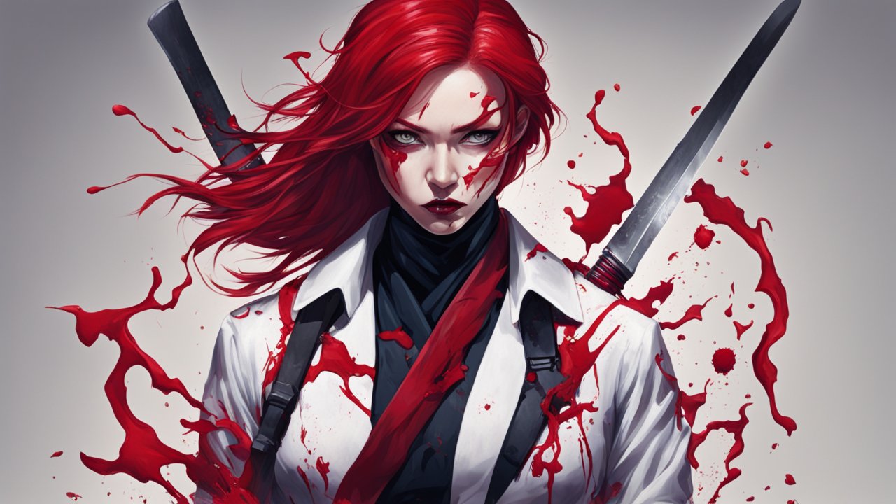 Fierce Red-Haired Warrior with Blood Splatter