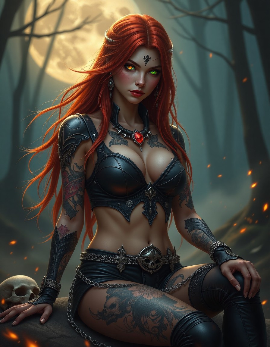 Fierce Red-Haired Warrior with Mystical Tattoos Under Full Moon