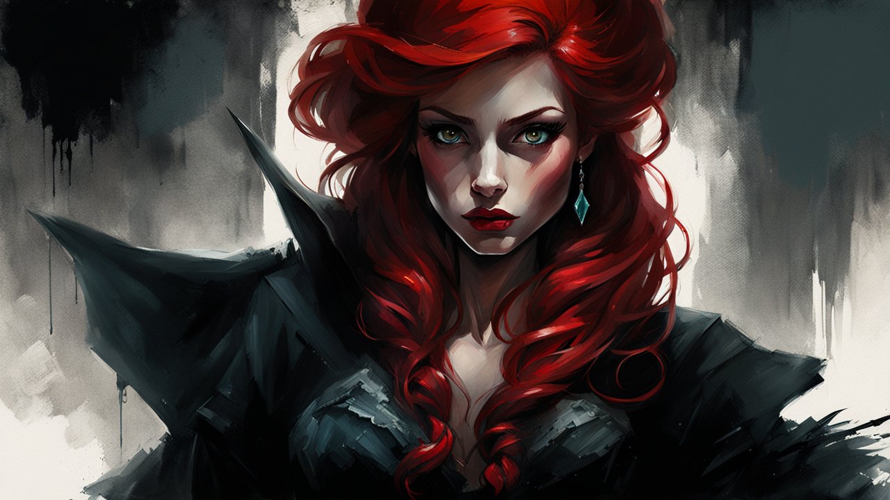 Fierce Red-Haired Woman in Dark Armor