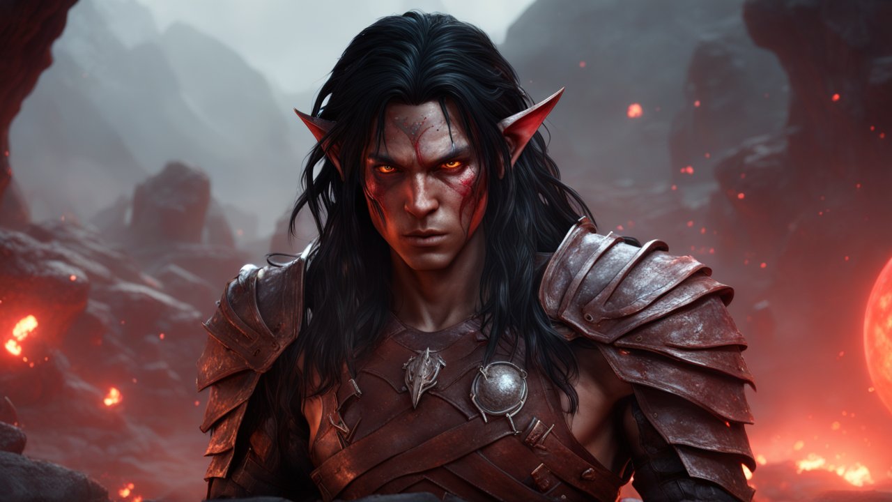 Fierce Red-Skinned Elf Warrior in Fiery Landscape