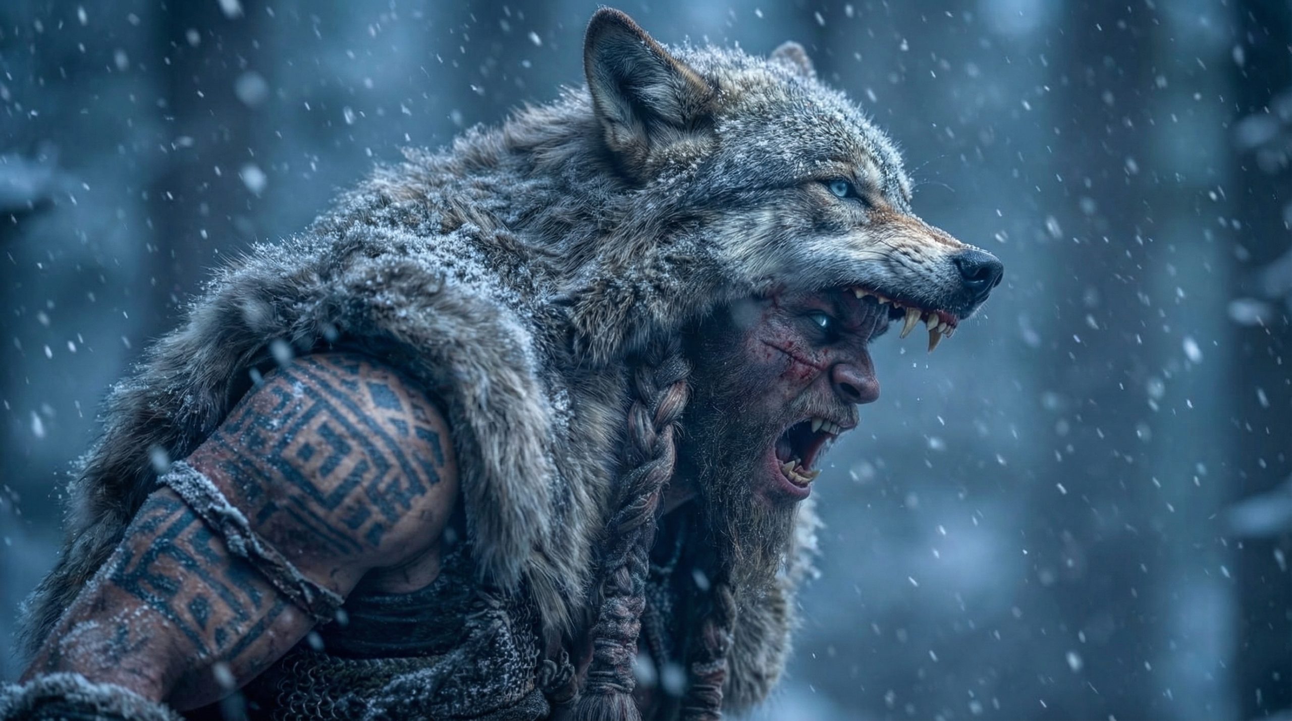 Fierce Viking Warrior Wearing Wolf Pelt in Snowstorm