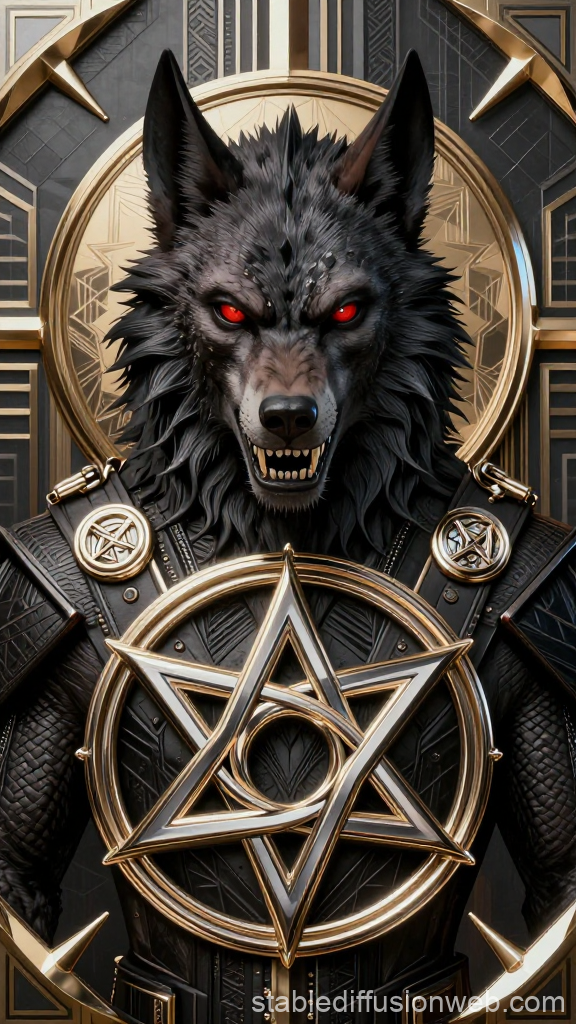 Fierce Werewolf Warrior with Glowing Red Eyes and Golden Pentagram Armor