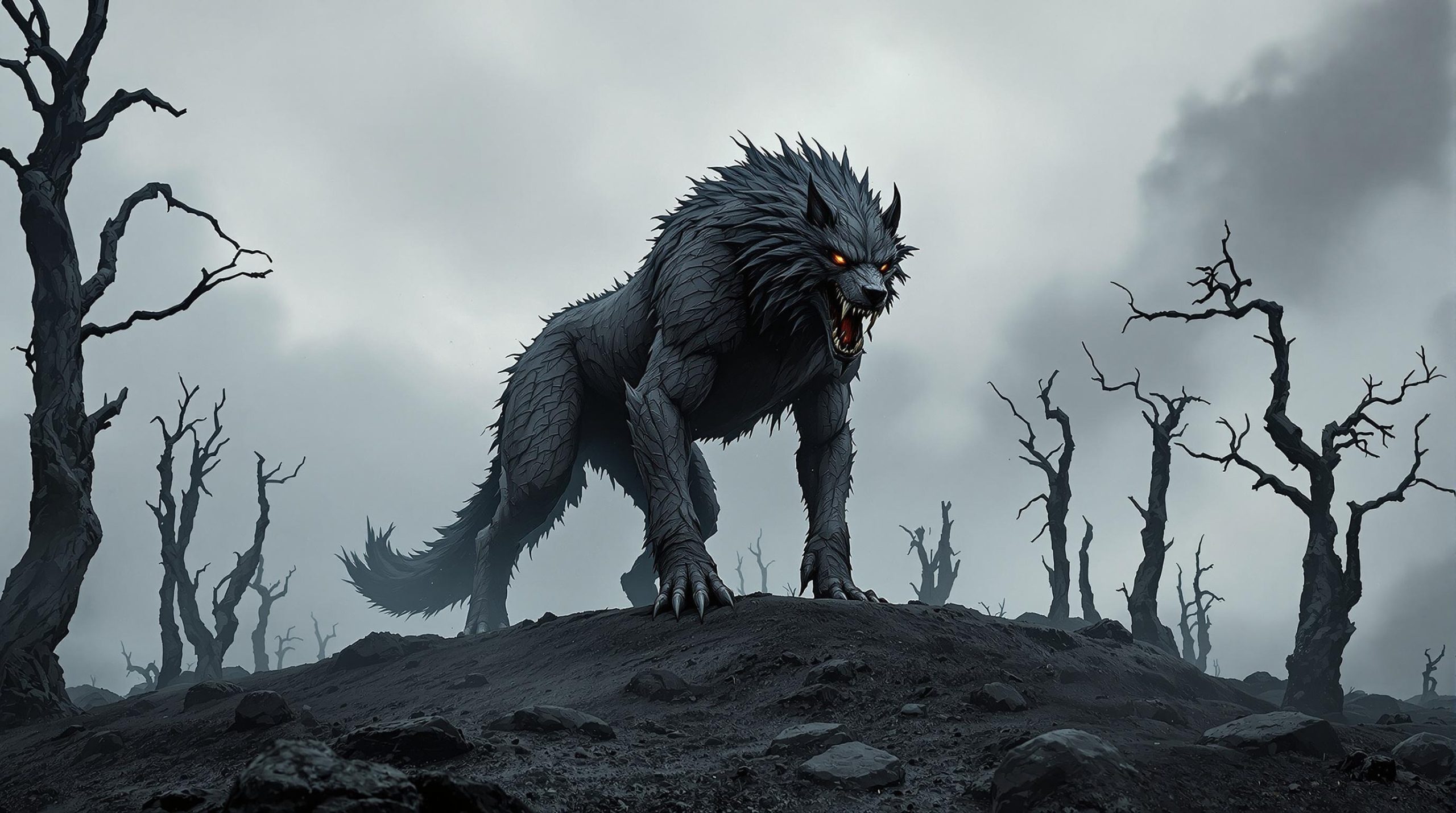 Fierce Wolfhound Creature in a Dark, Barren Landscape