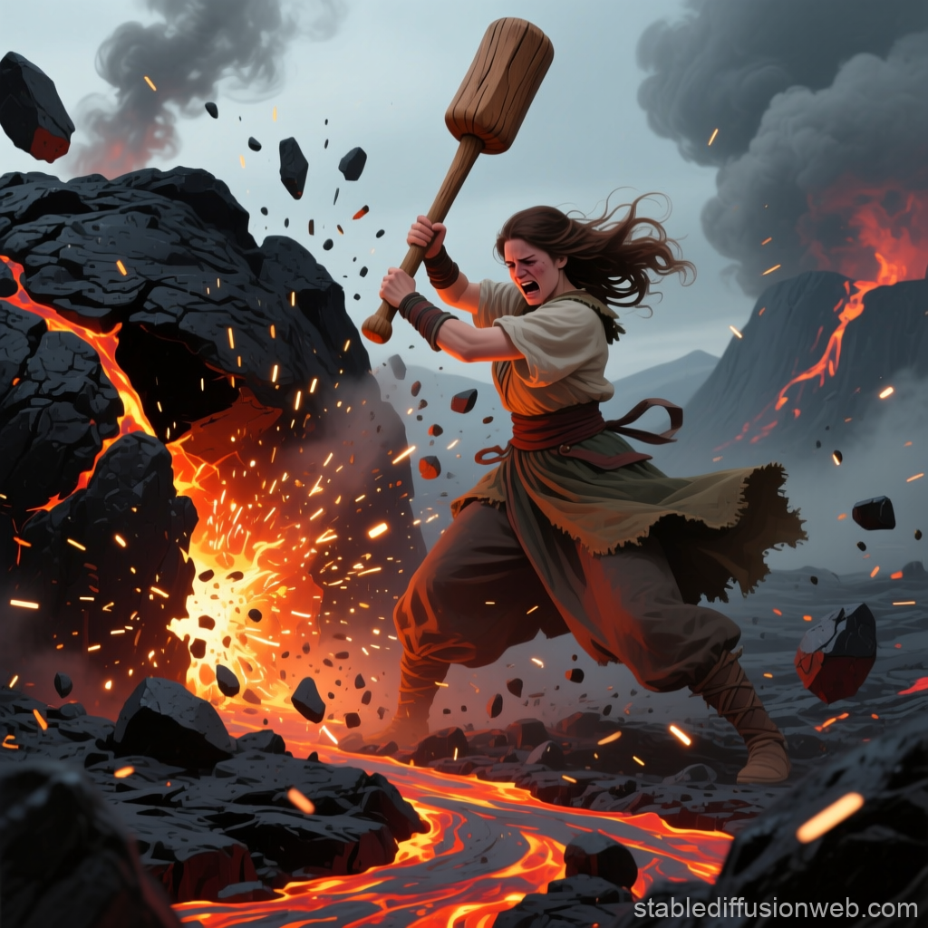 Fierce Woman Swinging a Giant Club Amidst Volcanic Eruption