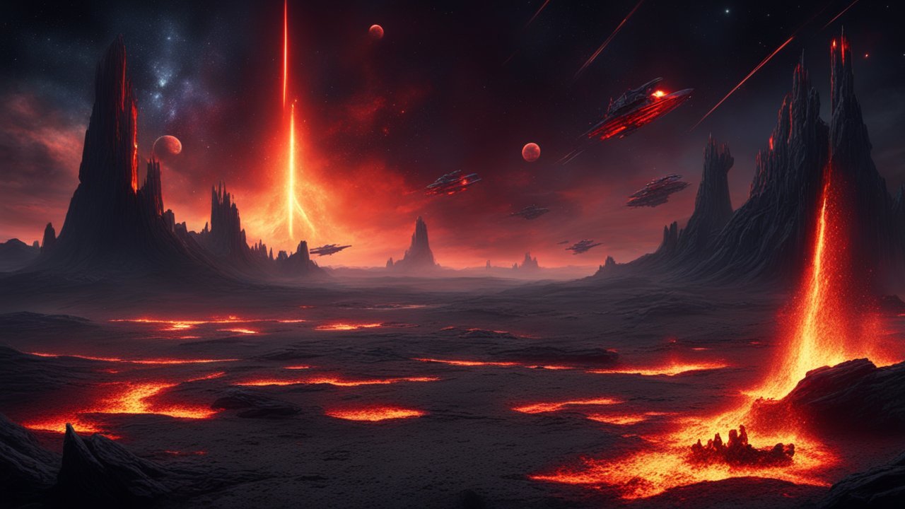 Fiery Alien Battlefield with Spaceships and Lava Eruptions