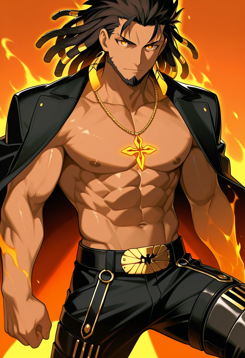 Fiery Anime Warrior with Glowing Pendant