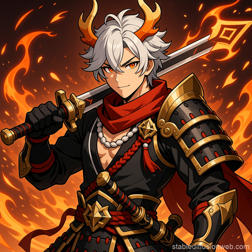 Fiery Anime Warrior with Sword and Horned Helmet