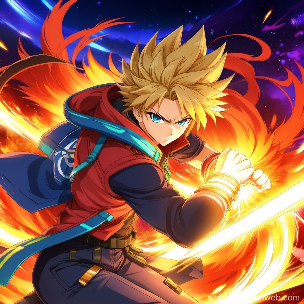 Fiery Anime Warrior with Sword in Dynamic Battle Pose