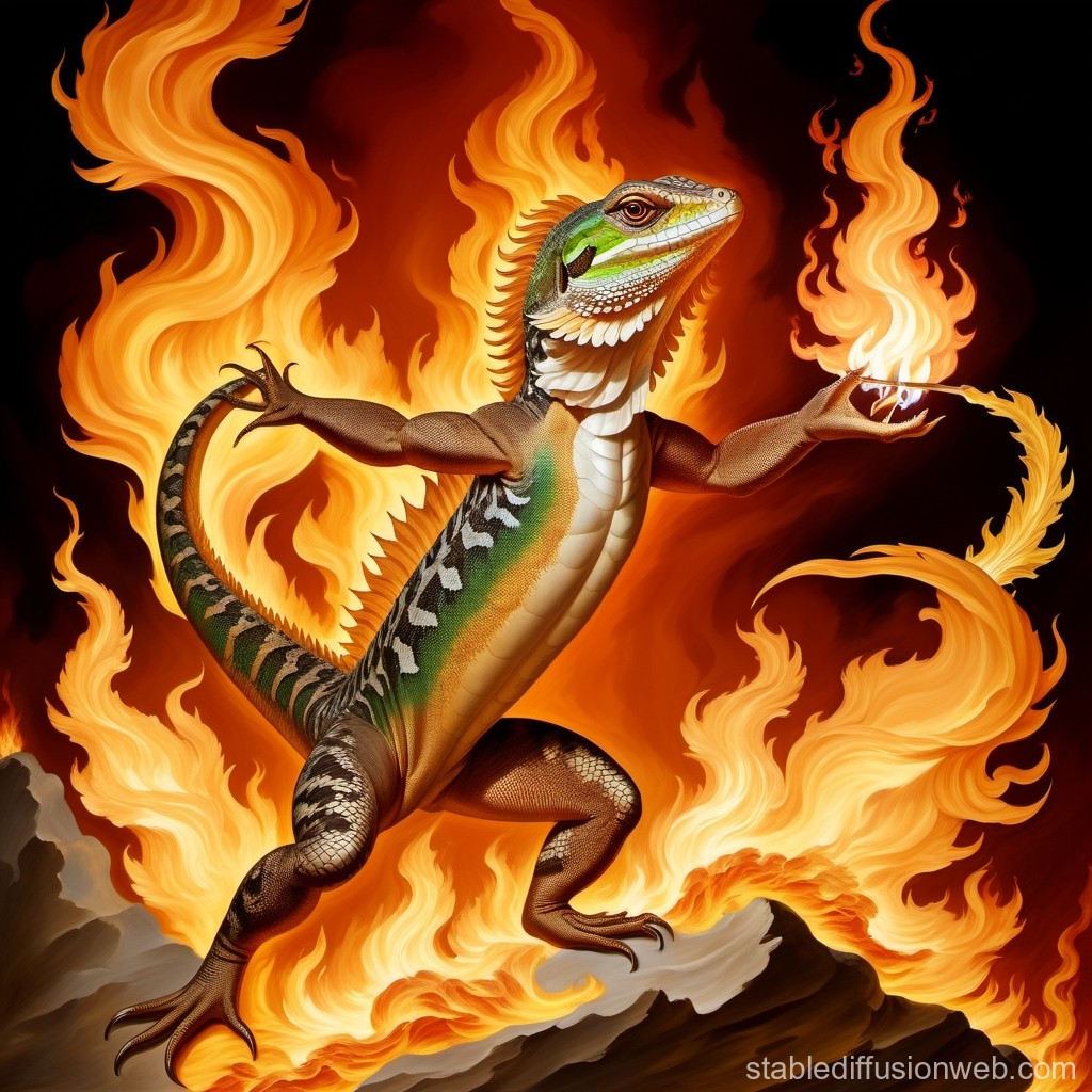 Fiery Anthropomorphic Lizard Mastering Flames