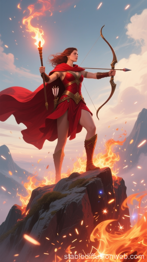 Fiery Archer Woman Standing on Mountain Peak