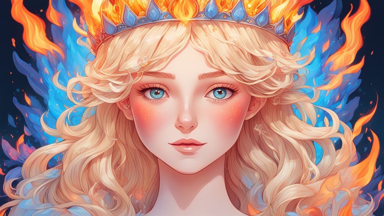 Fiery Blonde Queen with Blue Eyes and Flaming Crown