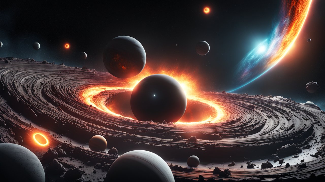 Fiery Cosmic Black Hole with Orbiting Planets