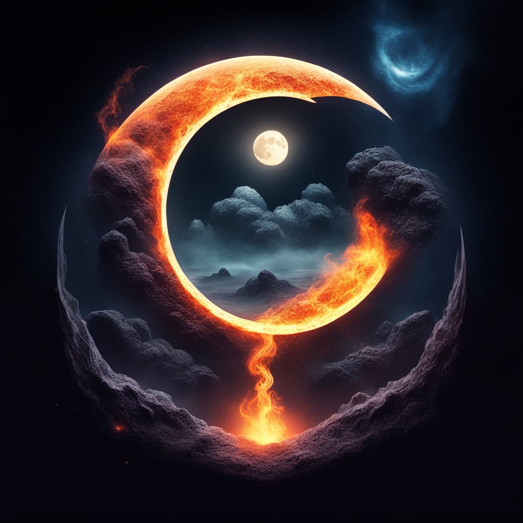 Fiery Crescent Moon with Mystical Night Sky
