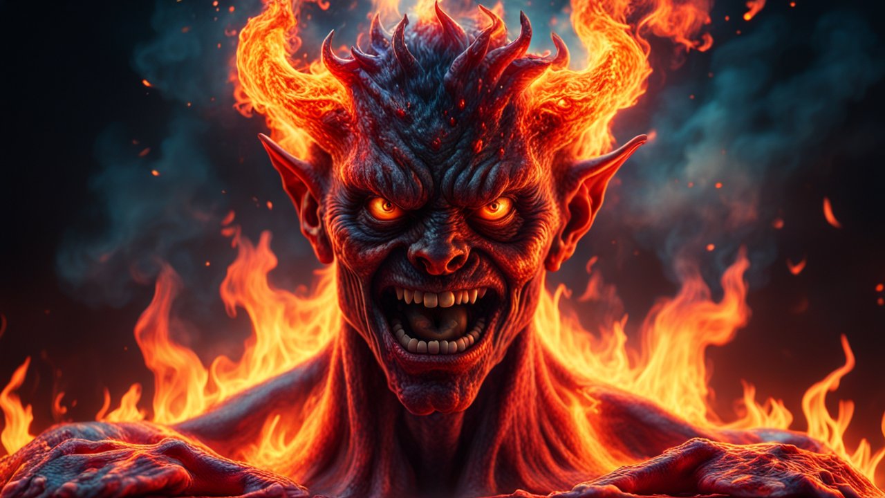 Fiery Demon with Glowing Horns and Intense Gaze